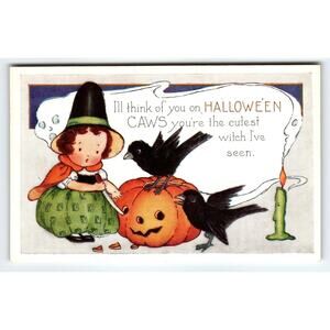 Vintage Halloween Postcard Cute Witch Smoke Candle Pumpkin & Crows 1907-1915